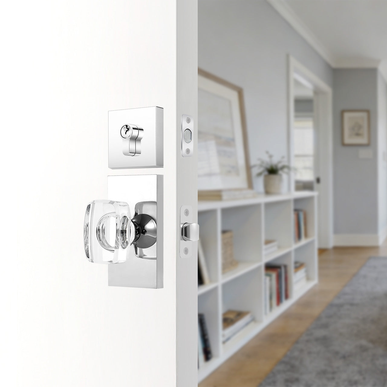 rectangular crystal door knob set installed on entry door modern interior SENY