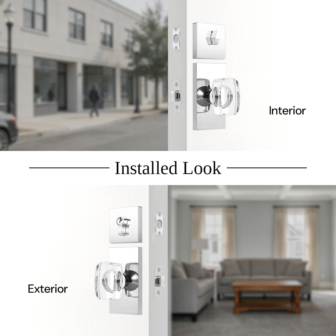 rectangular crystal door knob set interior and exterior door installation view SENY