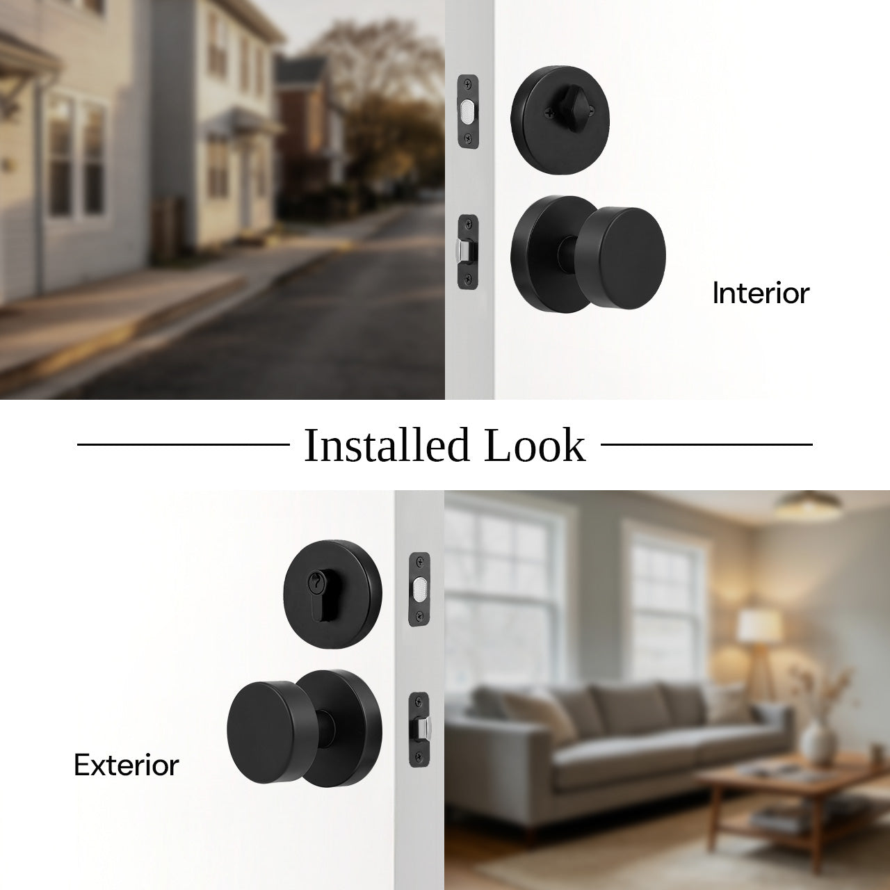 Round door knob set with deadbolt installed with interior and exterior side view, SENY