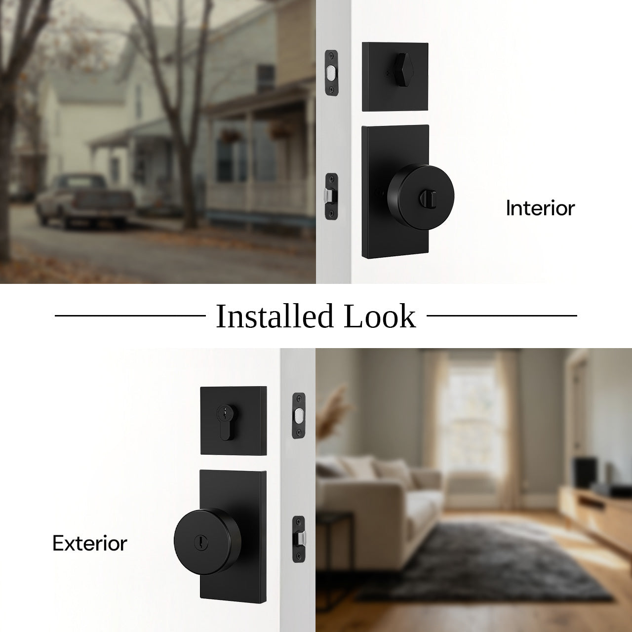 Round door knob with rectangular backplate installed with interior and exterior side view, SENY