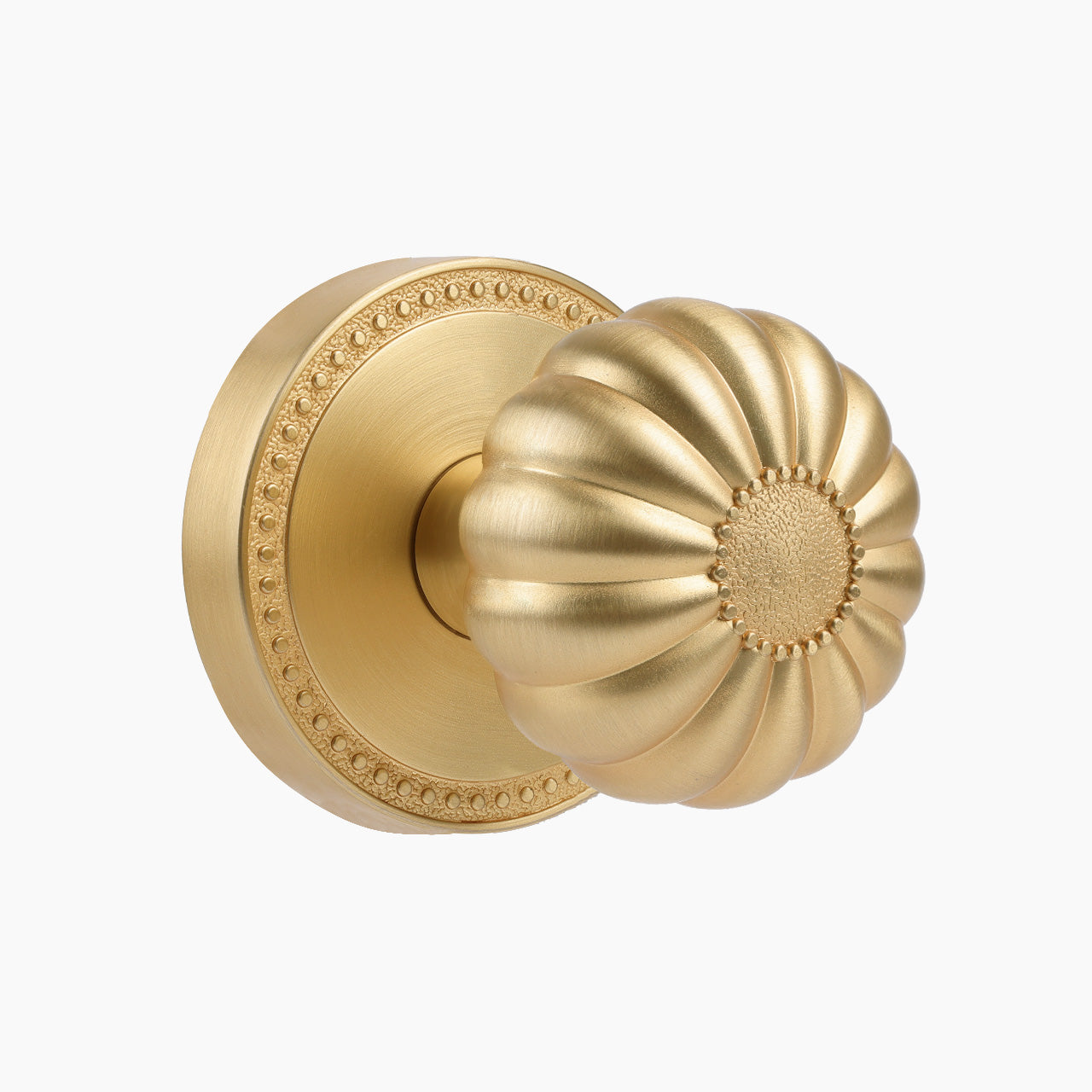 satin brass pumpkin passage door knob with decorative round rosette, SENY