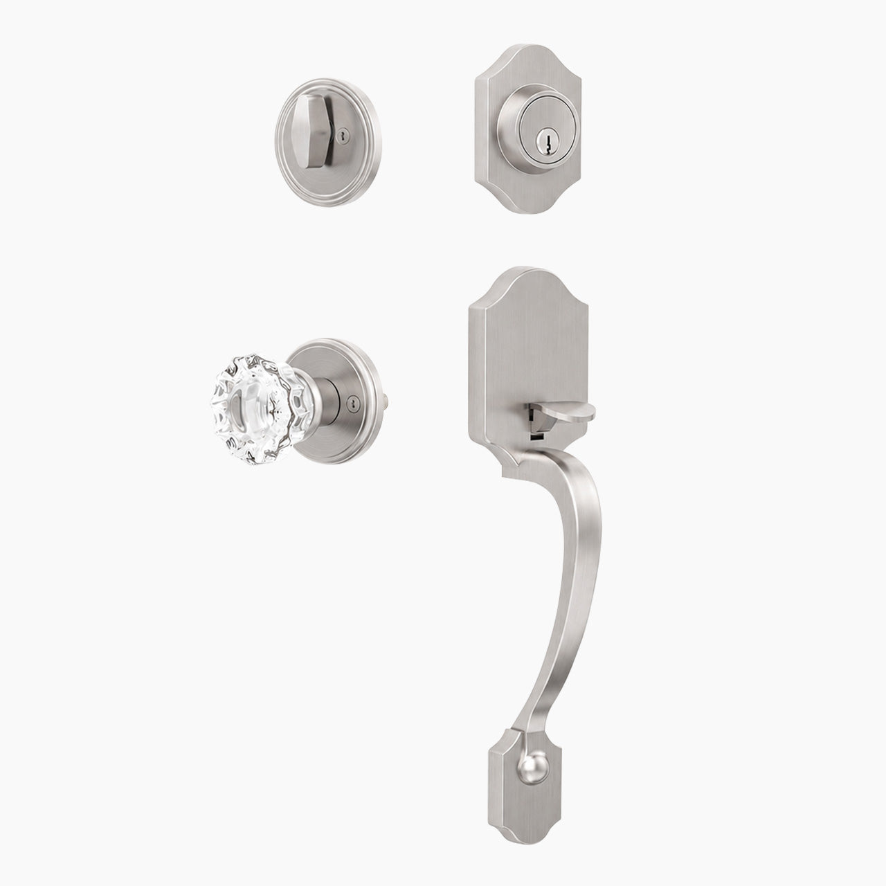 satin nickel entry door knob set with deadbolt, crystal glass door knob, and decorative front door handle set
