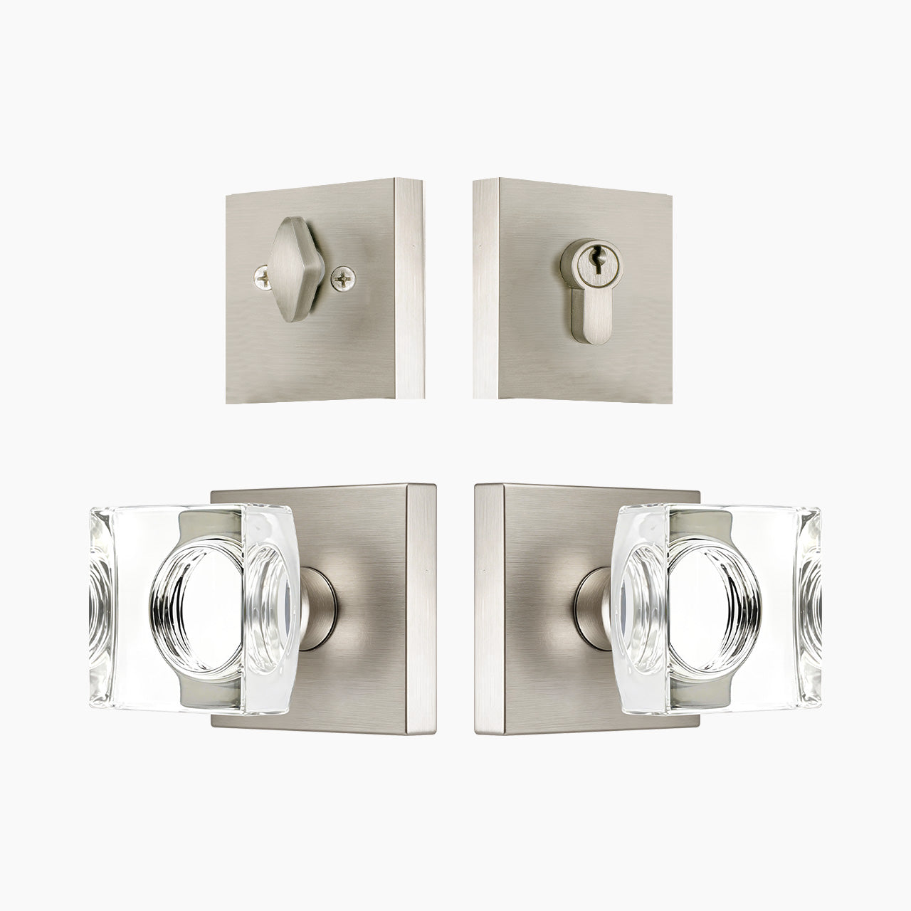 Satin Nickel crystal entry door knob with square backplate and matching deadbolt