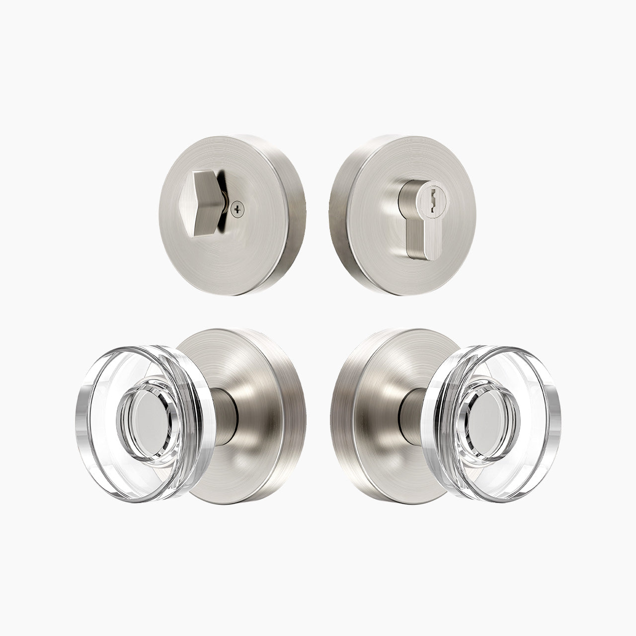 Satin nickel crystal entry door lock set with decorative round glass knob, SENY