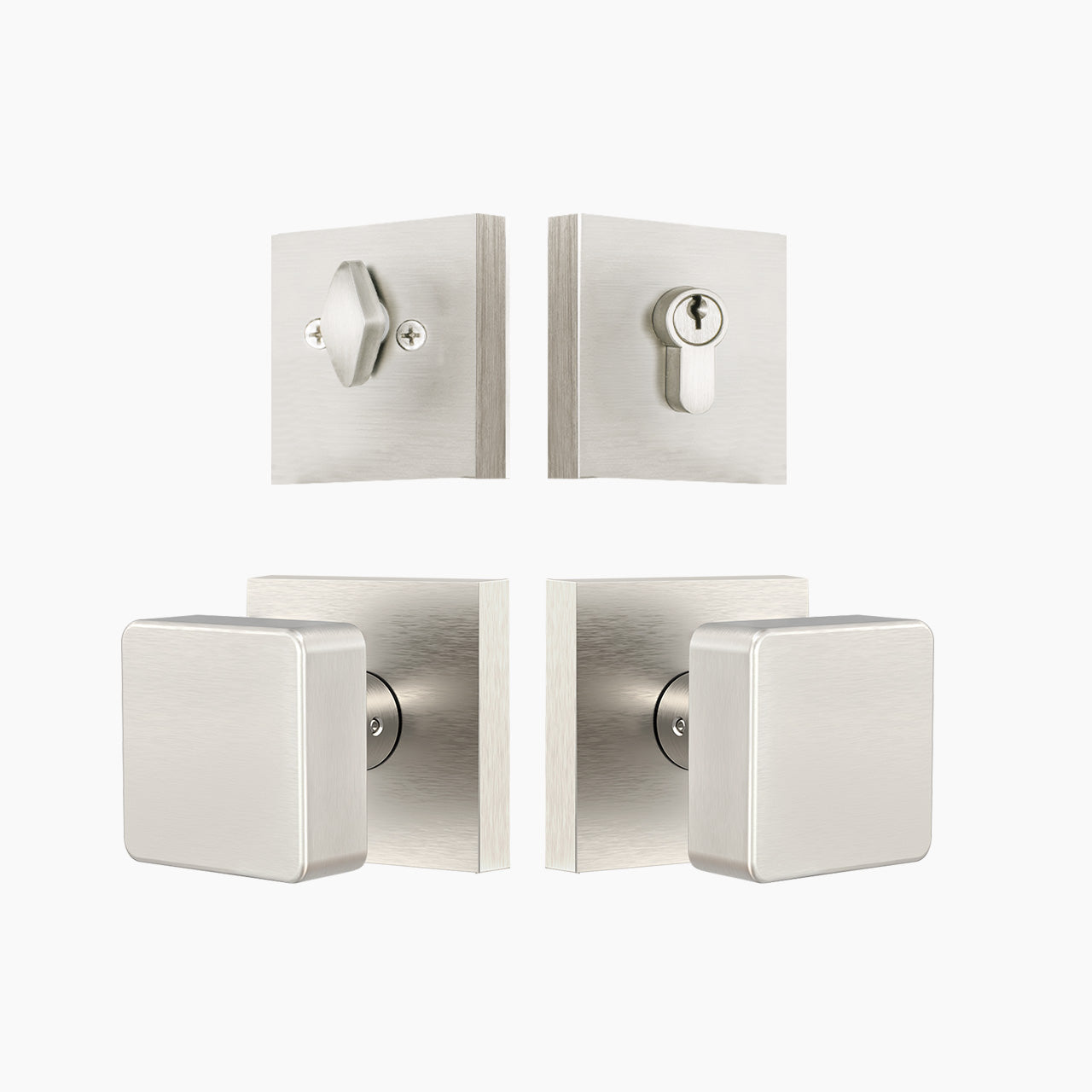 Satin nickel square entry door lock set with deadbolt and modern knob design, SENY
