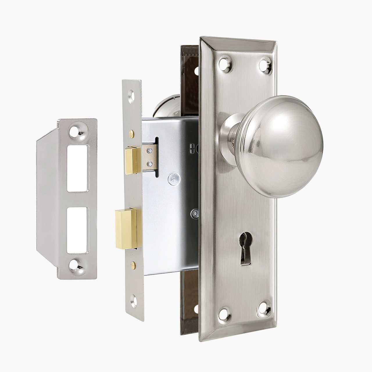 Satin nickel exterior mortise door lock set with skeleton key for front doors, SENY