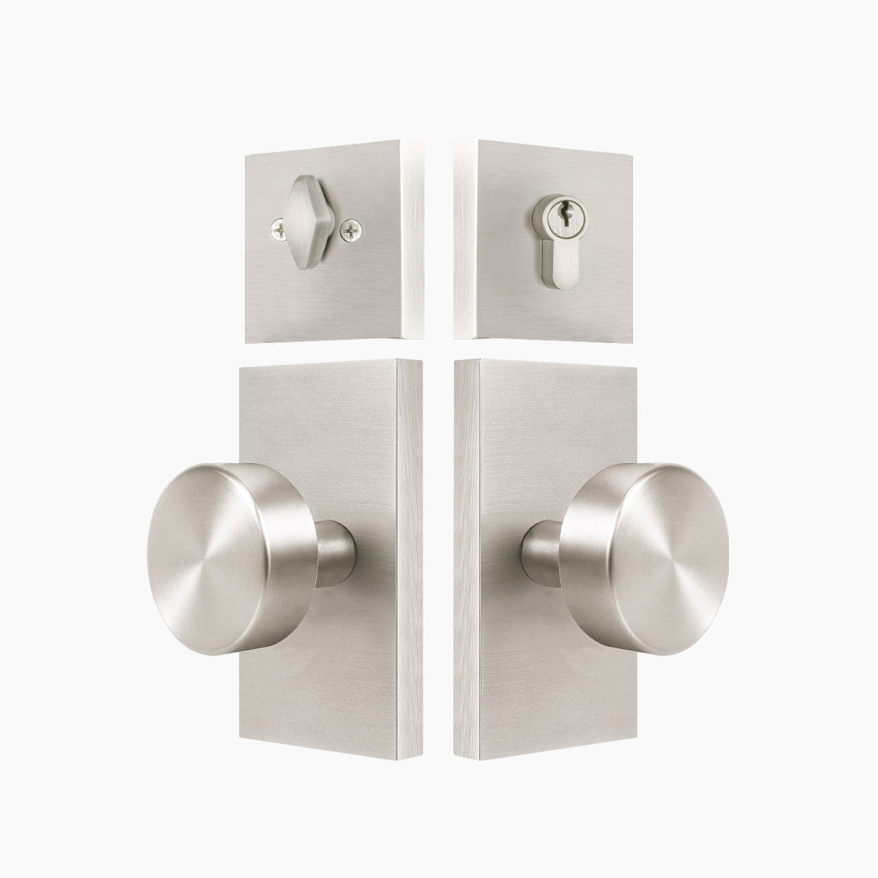 Satin nickel modern door knob with backplate and deadbolt for entry doors, SENY