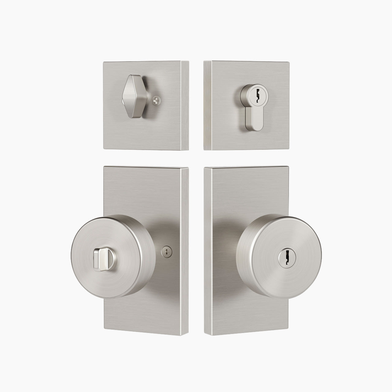 Satin nickel modern entry door knob set with rectangular backplate and deadbolt, SENY