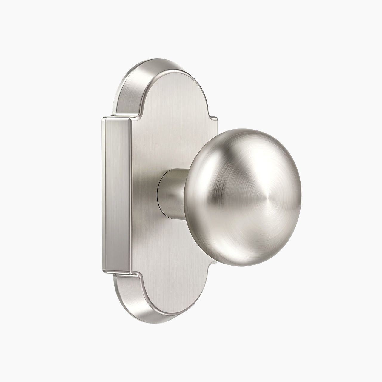 Satin nickel vintage passage door knob with curved backplate for interior doors