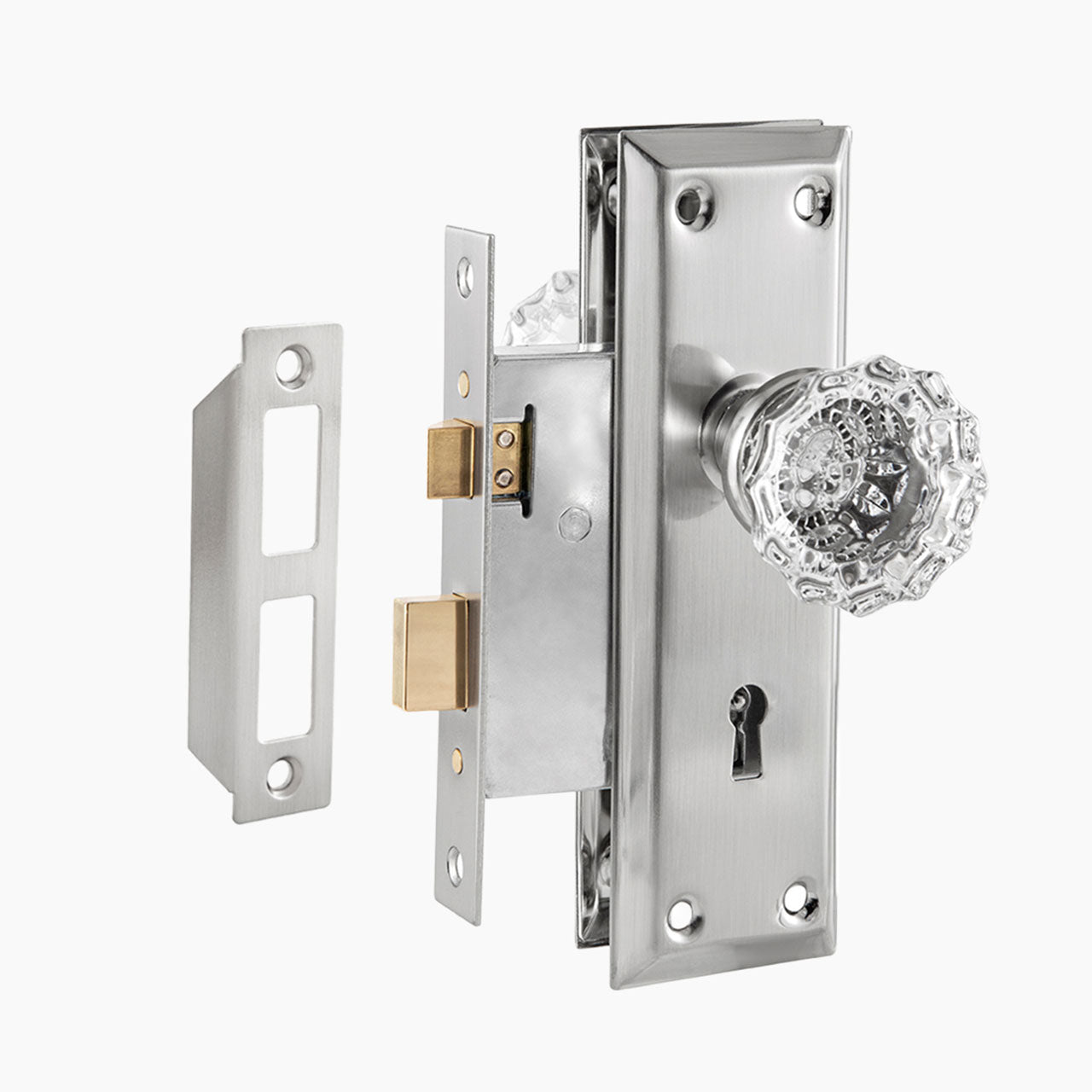 skeleton key lock set with floral crystal knob and antique mortise backplate front view SENY