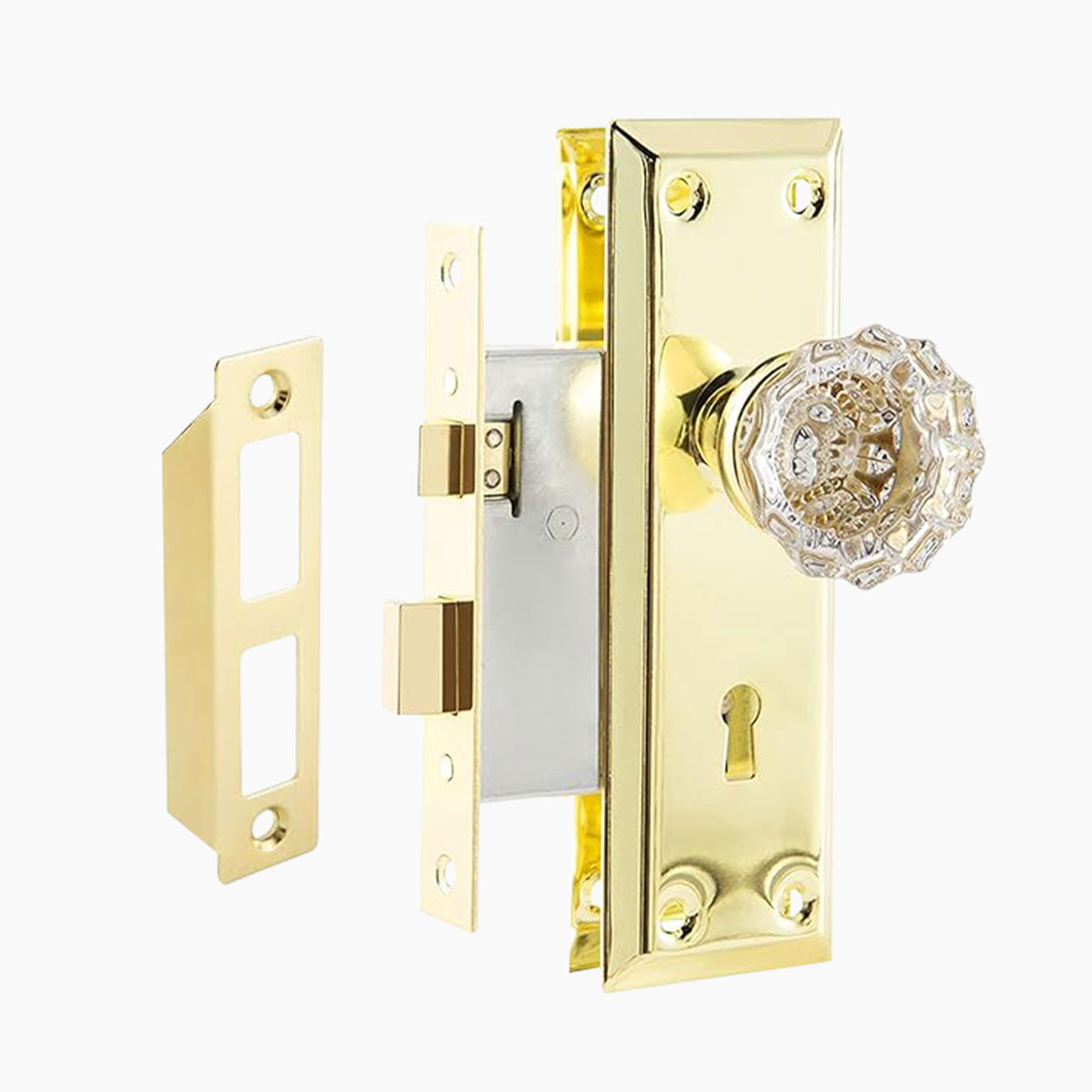 skeleton key mortise lock set polished brass finish crystal knob SENY