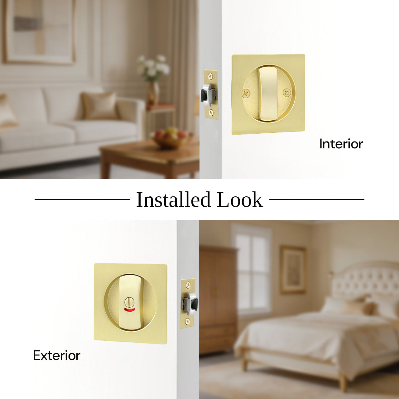 Sliding pocket door privacy lock installed with interior and exterior side view, SENY