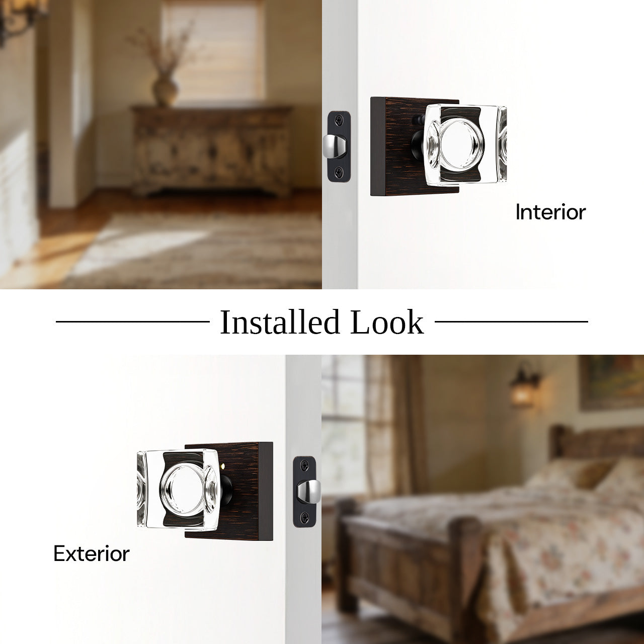 square backplate door knob installed interior and exterior door view SENY