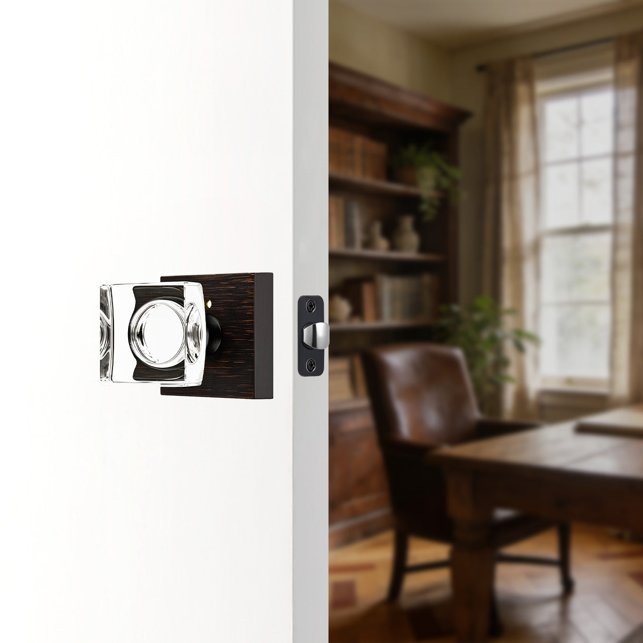 square backplate door knob installed on interior door modern bedroom setting SENY