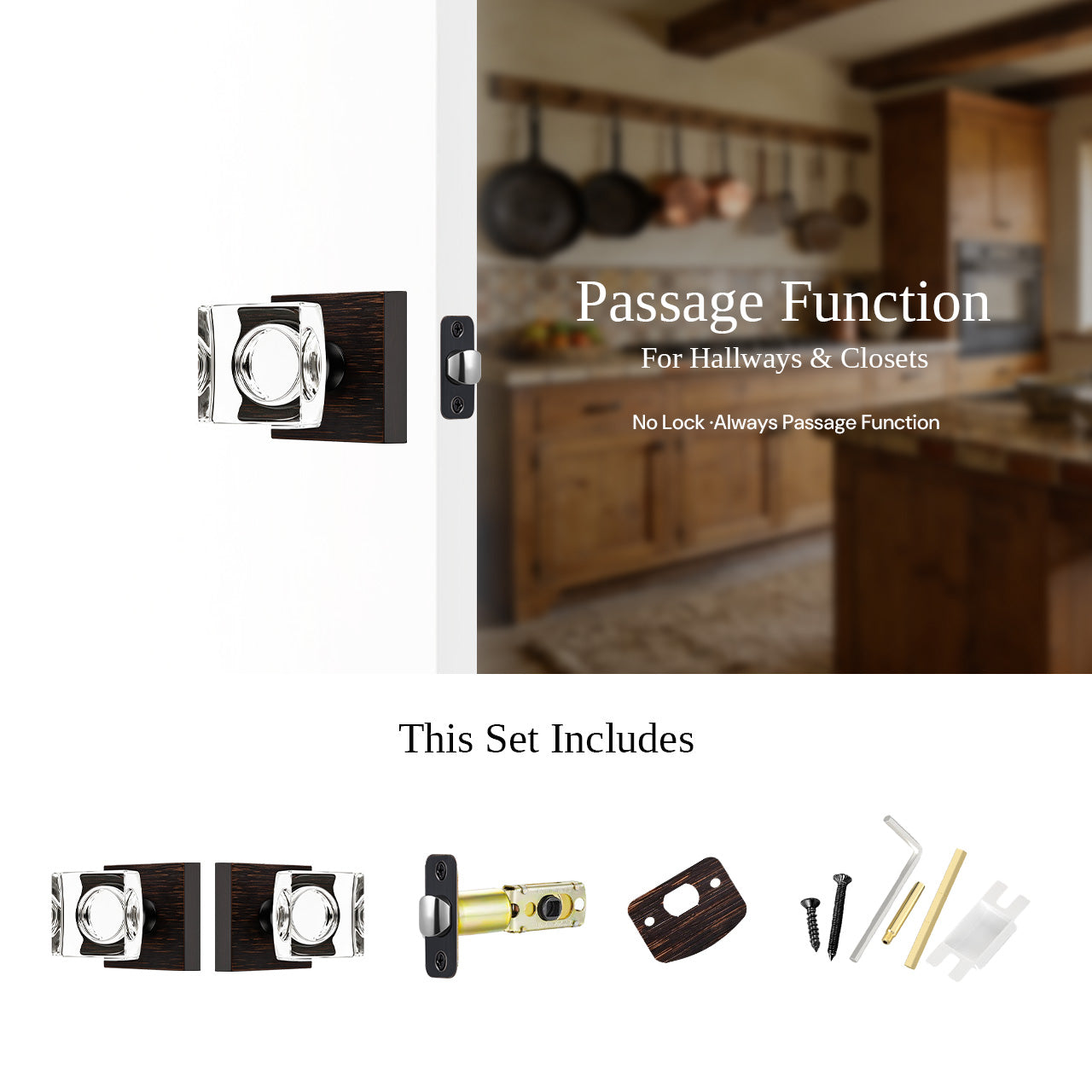 square backplate door knob passage function installation and components SENY