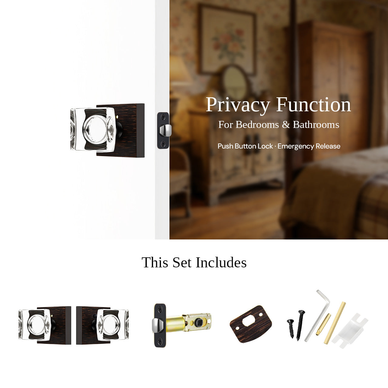 square backplate door knob privacy function with interior lock and emergency release SENY