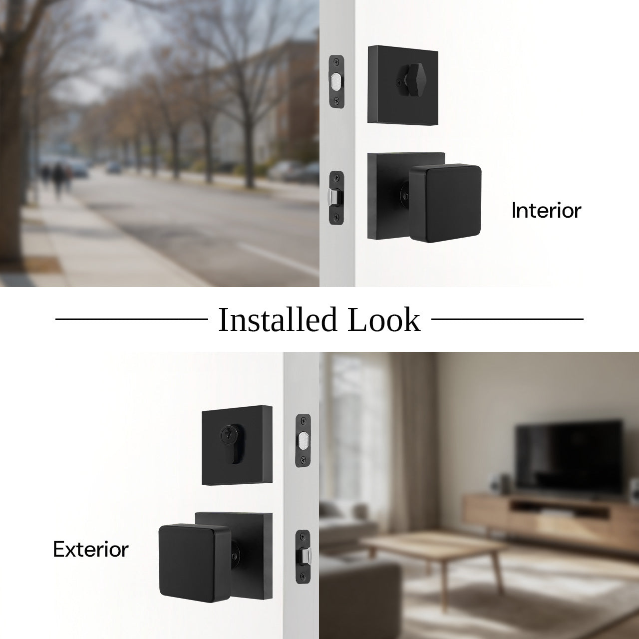 Square door knob set with deadbolt installed with interior and exterior side view, SENY