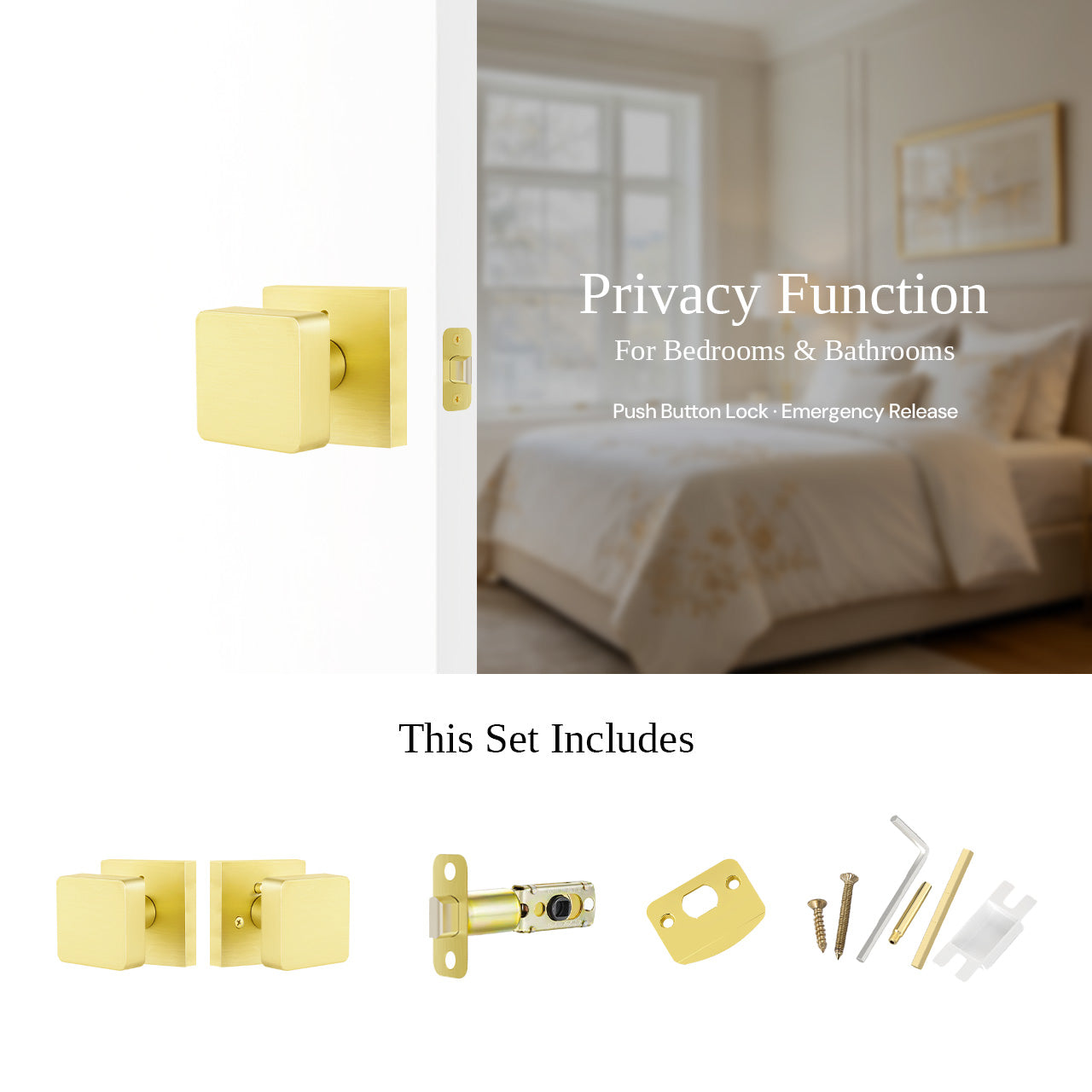 Square privacy door knobs installed with locking hardware details SENY