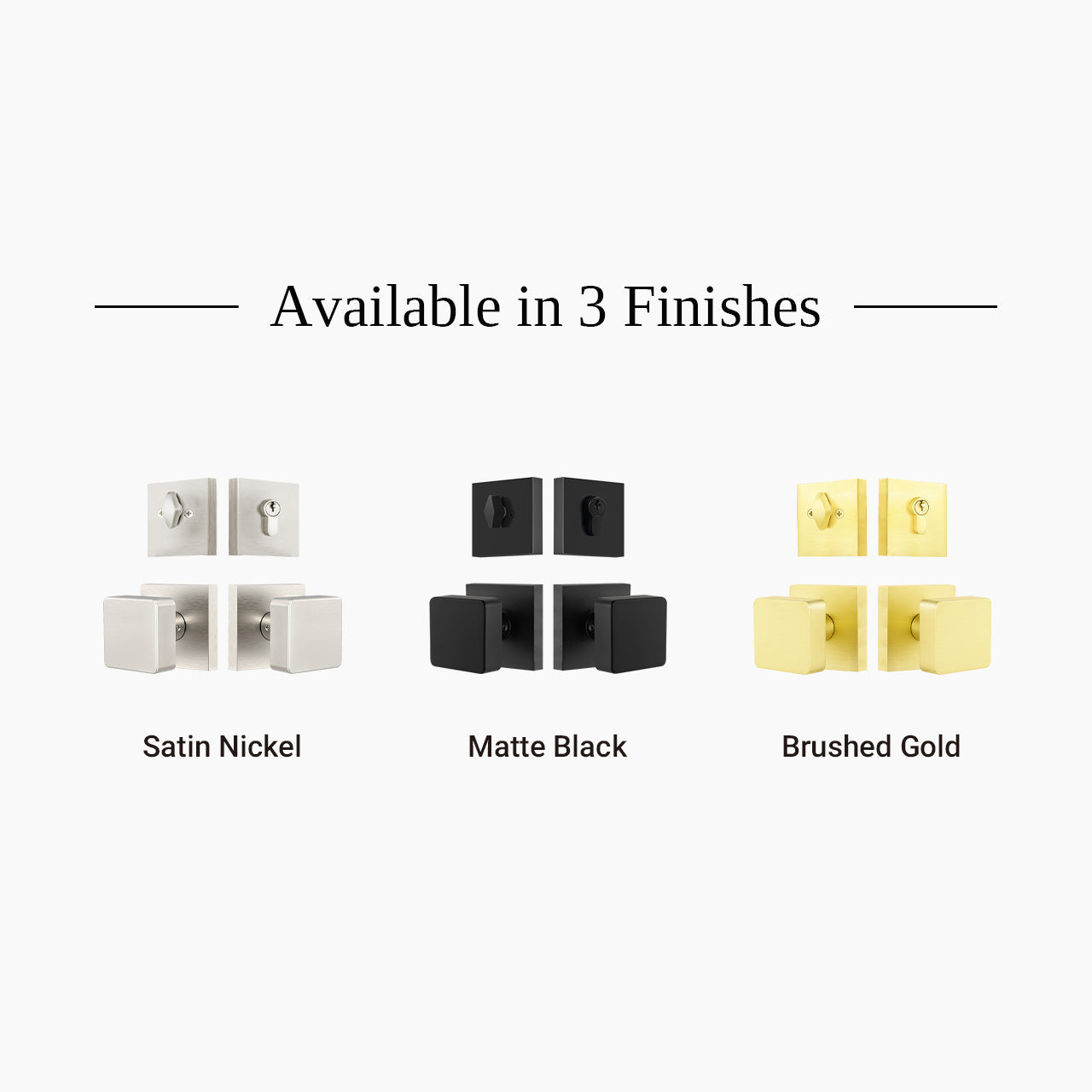 Square entry door knob set with deadbolt available in matte black satin nickel and brushed gold finishes, SENY