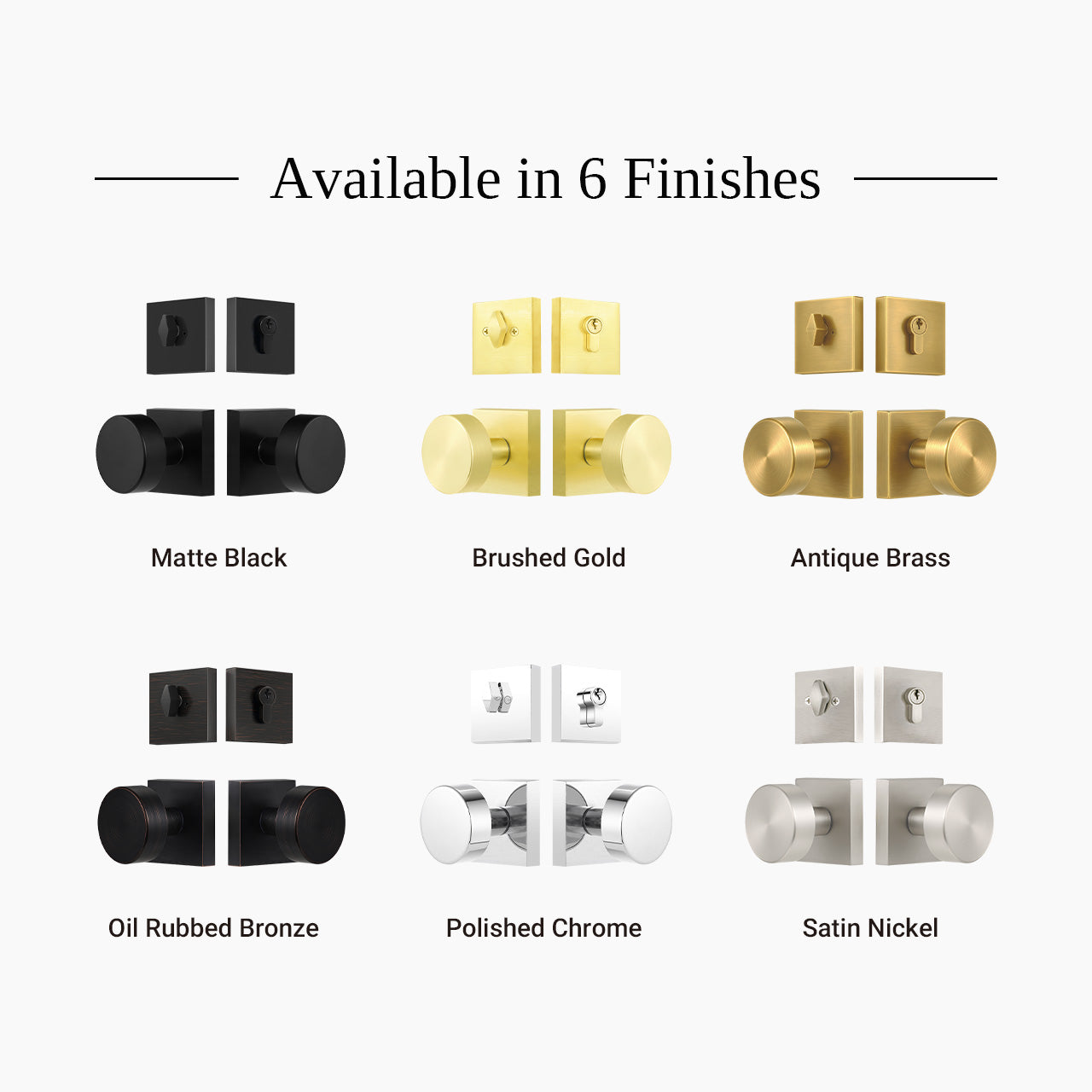 Square rosette door knob set with deadbolt available in matte black satin brass satin nickel antique brass polished chrome and oil rubbed bronze finishes, SENY