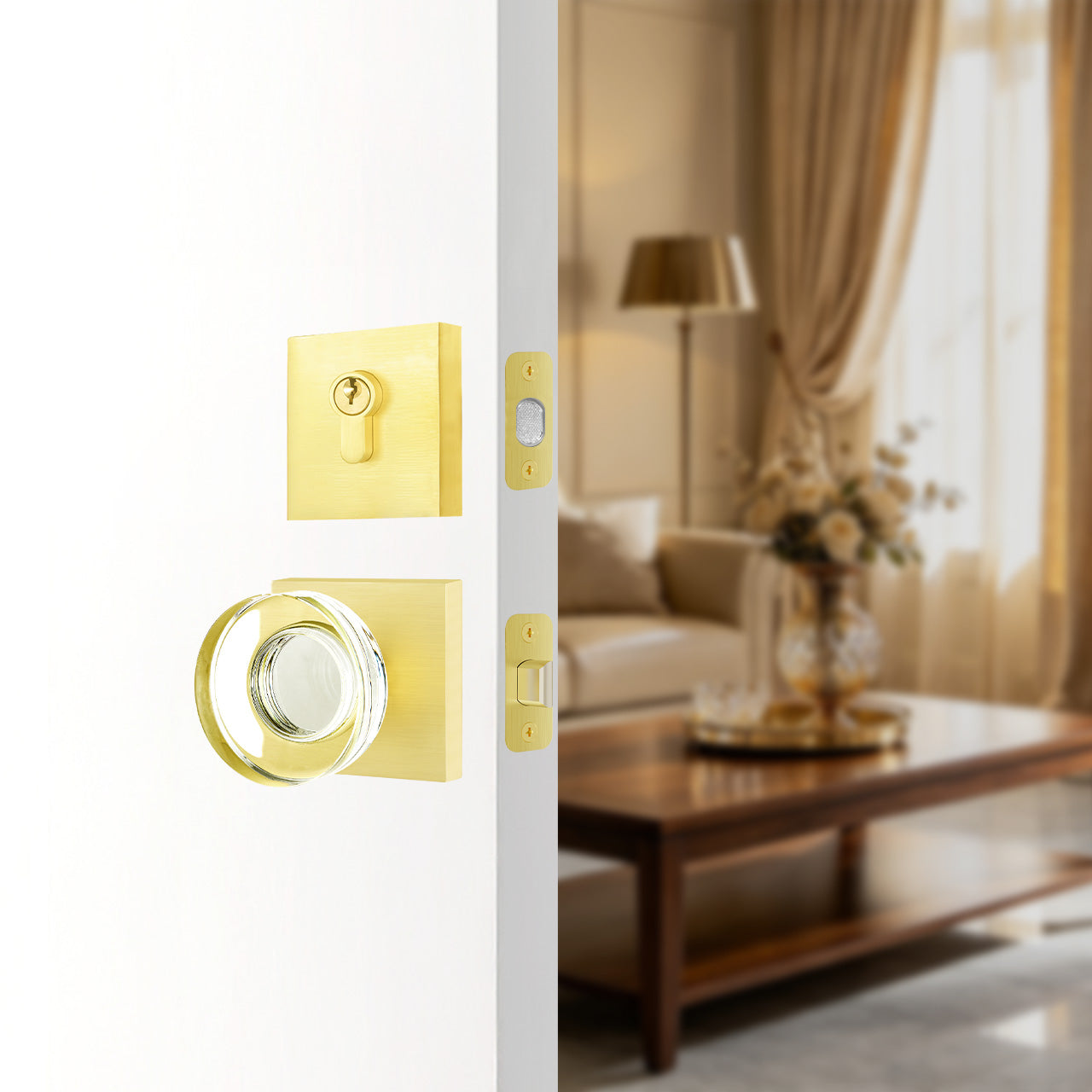 square rosette door knob set installed on front entry door modern exterior hardware SENY