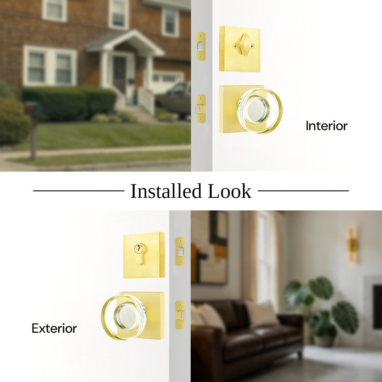 square rosette door knob set interior and exterior door installation view SENY