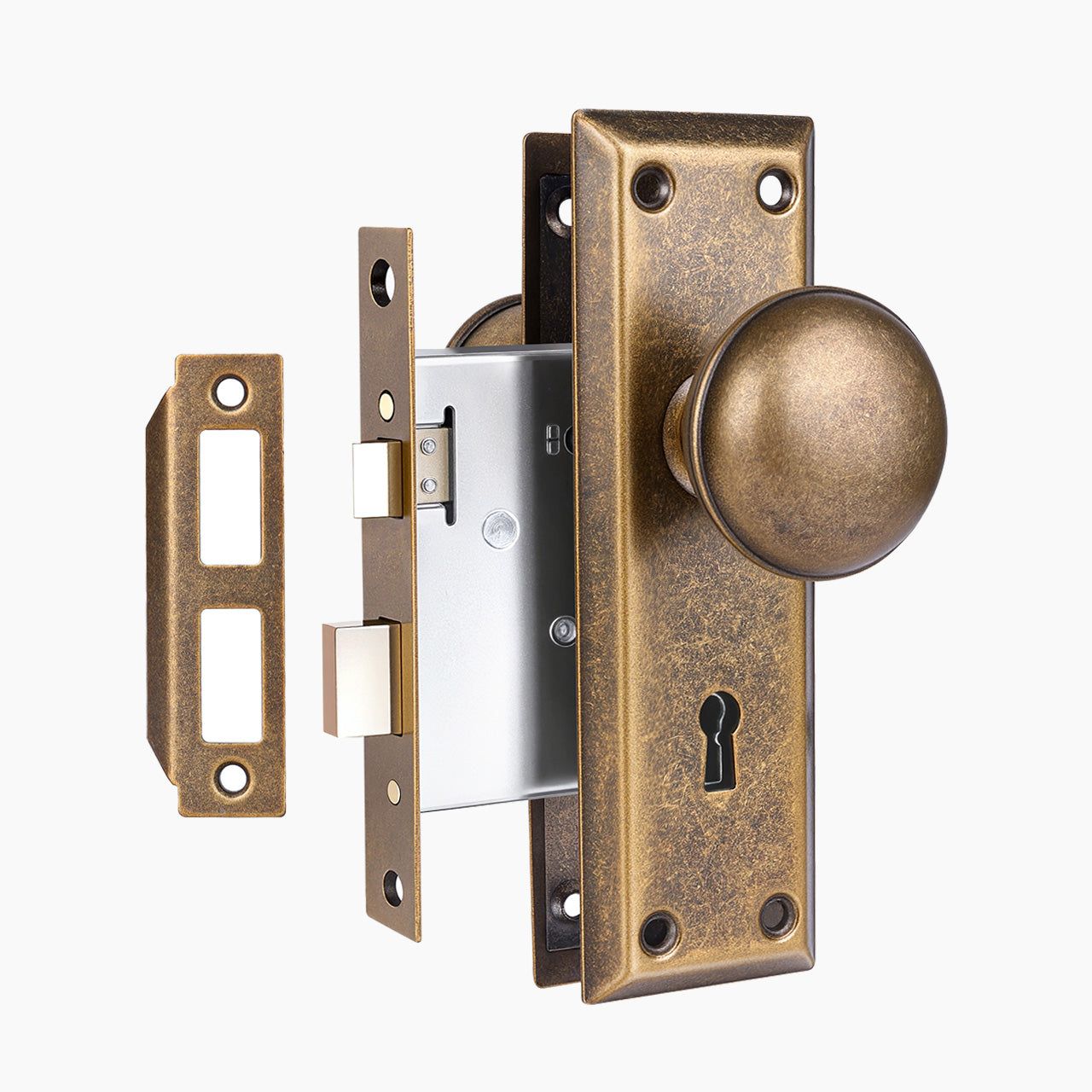 Vintage brass exterior mortise lock set with skeleton key for front doors, SENY