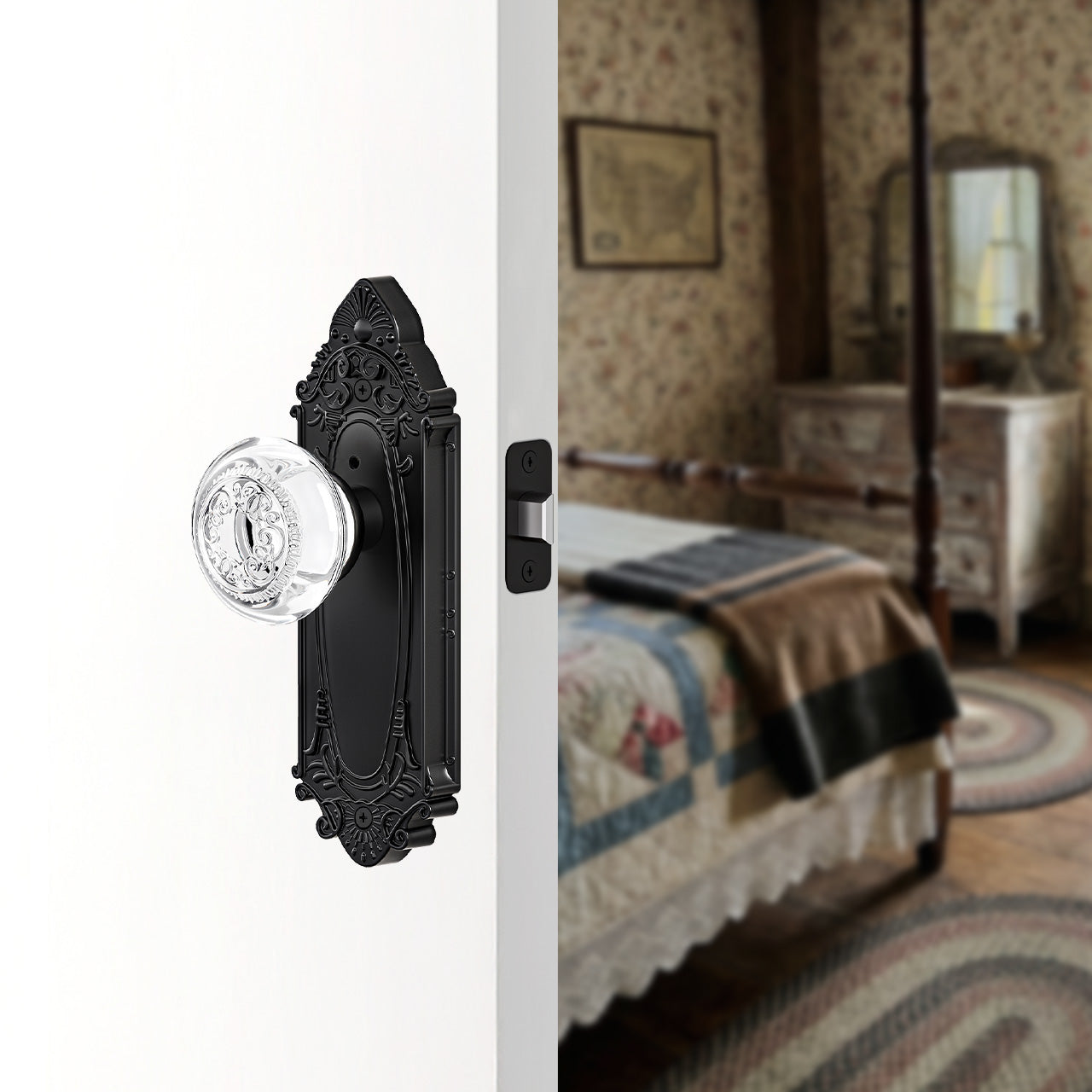 SENY vintage crystal door knob with ornate backplate installed on bedroom interior door