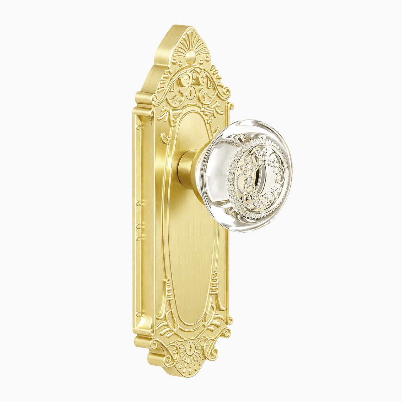 SENY Vintage Crystal Door Knob with Ornate Antique Backplate, Interior Glass Door Handle for Privacy, Passage & Dummy Doors