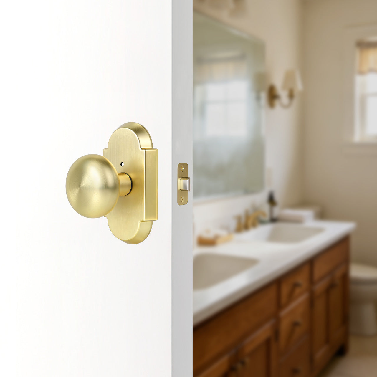 Vintage door knob with curved backplate installed on interior bedroom door