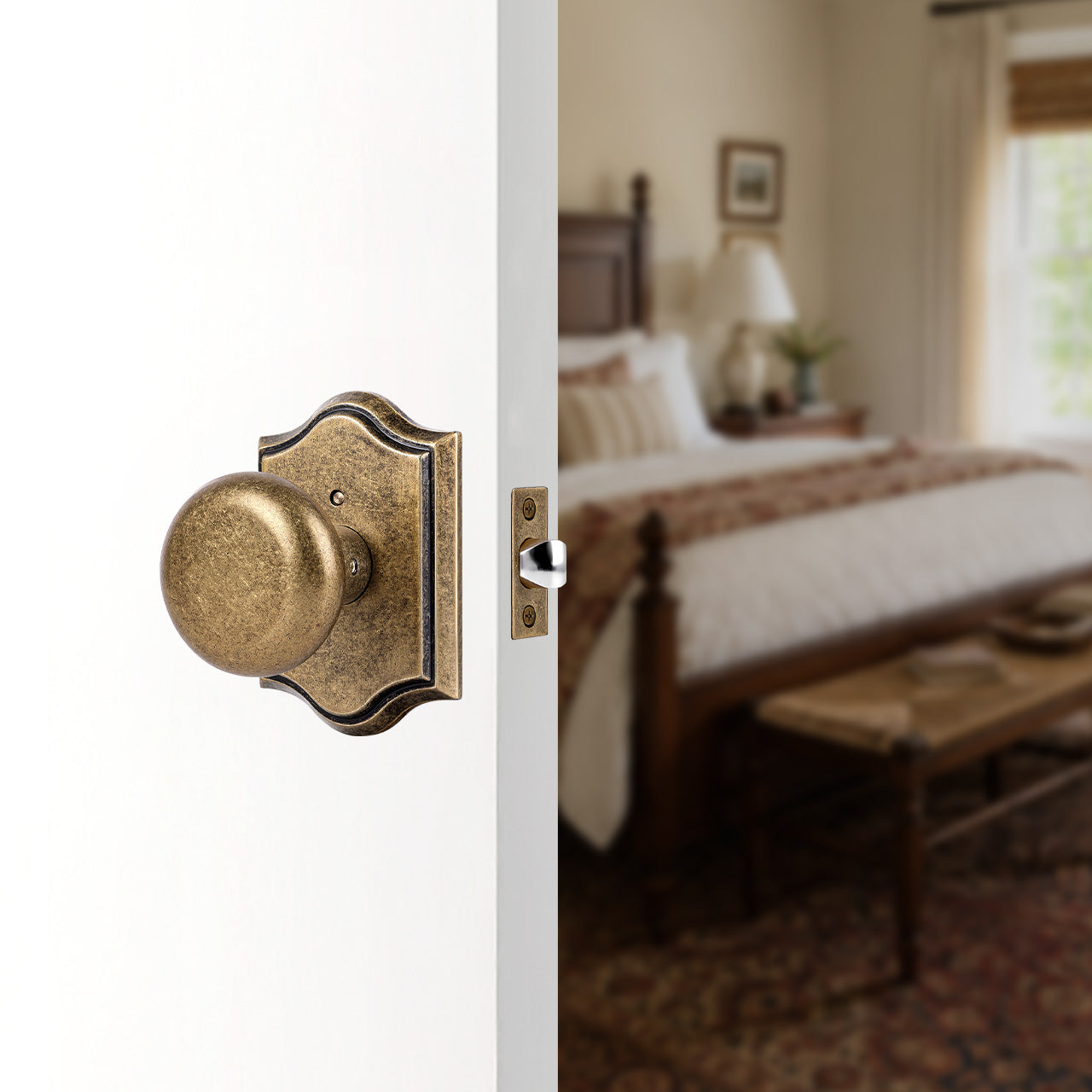 Vintage interior door knob installed on bedroom door with arched rosette SENY
