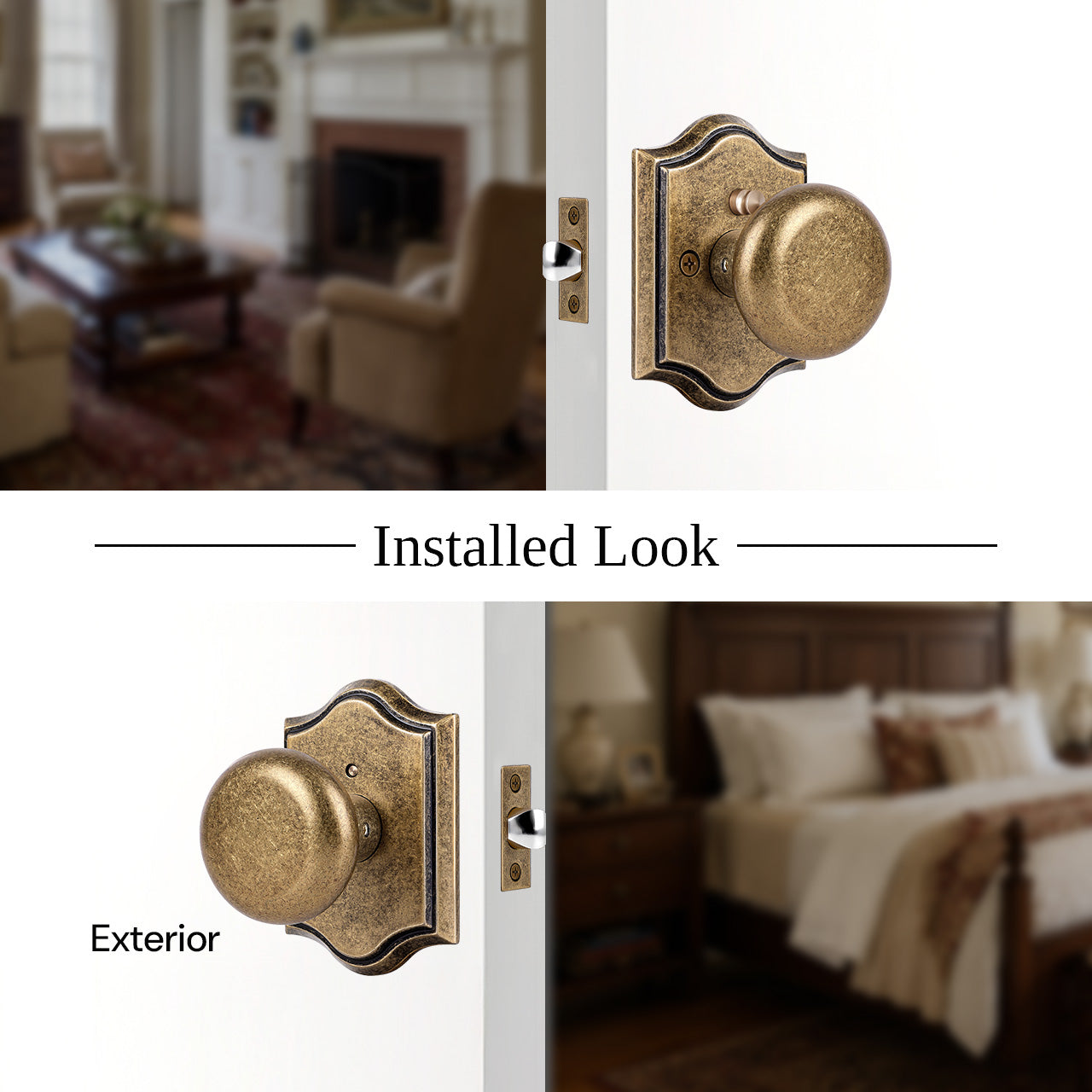 Vintage interior door knob installed view from interior and exterior sides SENY