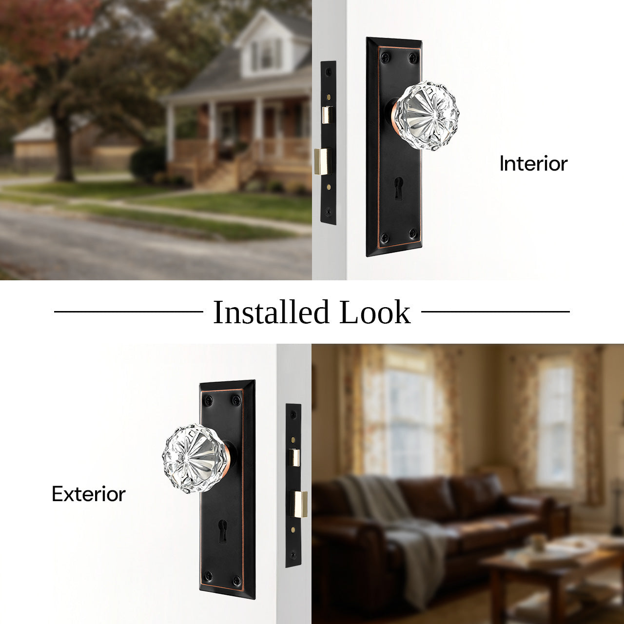 vintage mortise lock set interior and exterior door view with crystal knob SENY